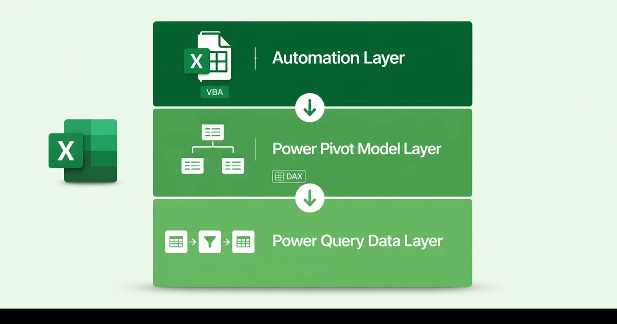 Üç katmanlı Excel raporlama mimarisi Power Query Power Pivot VBA katmanları dikey akış şeması yeşil tonlu