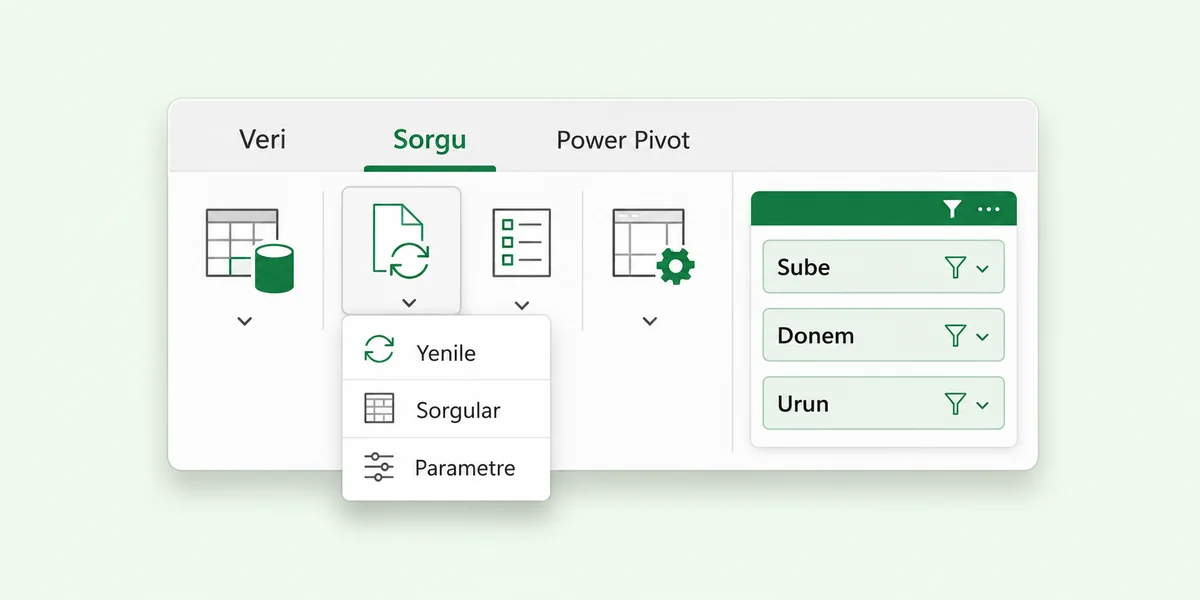 Excel Power Query menüsü Türkçe arayüz veri sorgu yenileme dilimleyici parametre paneli yakın çekim yeşil vurgu