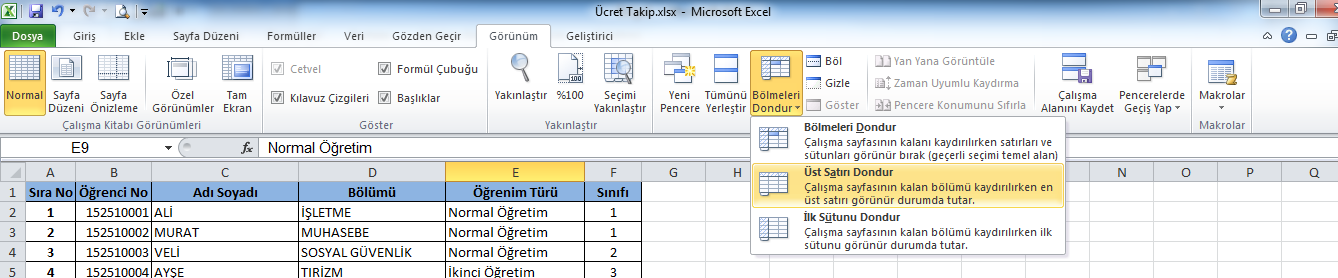 Excel'de Satır Sabitleme