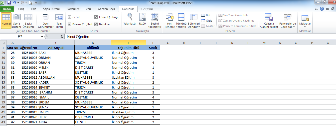 Excel'de Satır Sabitleme