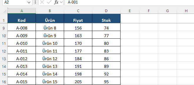 Excel dondurulmuş başlık kaydırmada sabit kalır Excel'de başlık satırı dondurulmuş tabloda aşağı kaydırılsa da Kod Ürün Fiyat Stok başlığının sabit kaldığı ekran