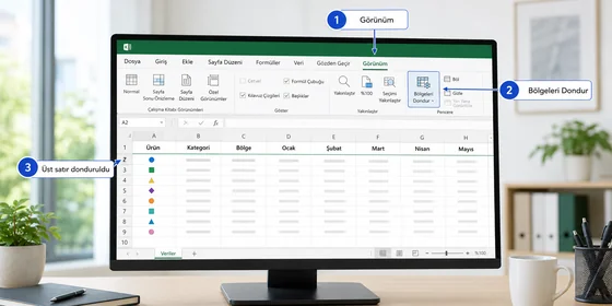Excel Bölmeleri Dondur açılır menüsünde üç seçenek Excel Görünüm sekmesinde Bölmeleri Dondur açılır menüsünde üç seçenek Türkçe etiketli gösterim