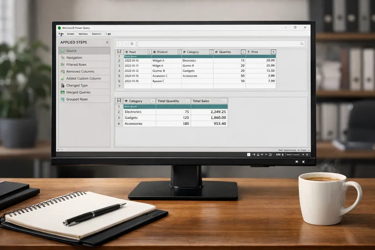 Power Query adımlarıyla satış verisinin temizlenip modele aktarıldığı düzenli sorgu akışı