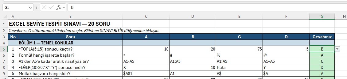 Seviye tespit: Bölüm 1 temel konular Seviye tespit sınavında temel konular bölümünün soruları ve cevap listesi