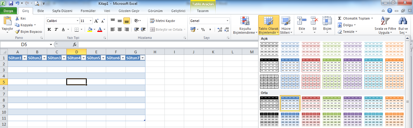 Excel tablo hazırlama