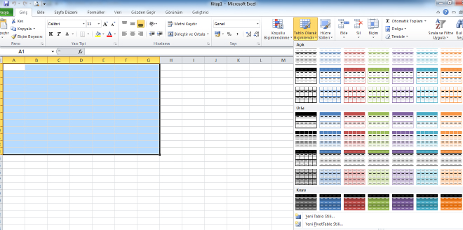 Excel Tablo Oluşturma