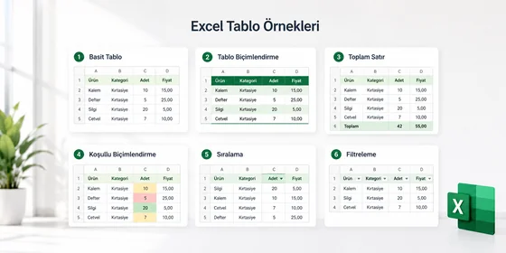 Dört senaryolu tablo örnekleri satış bütçe personel stok kart düzeninde grid görünümü