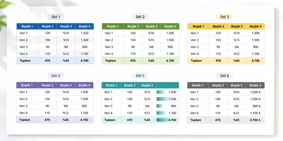 Excel Tablo Tasarımı sekmesinde açık ve koyu temalarla stil galerisi mini önizleme grid