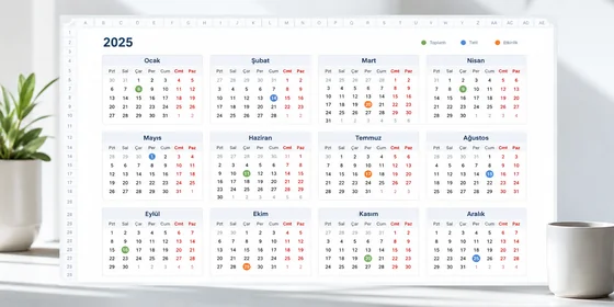 Excel yıllık takvim 12 ay yatay düzende sayfa boyunca her ay küçük takvim olarak grid