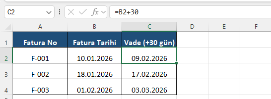 Excel vade tarihi hesaplama tarihe gün ekleme Excel formül barında fatura tarihine 30 gün ekleyerek vade tarihini bulan formül ve fatura tablosu