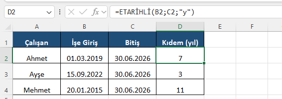 Excel ETARİHLİ ile kıdem yıl hesabı Excel formül barında işe giriş ile bugün arasındaki kıdemi yıl olarak bulan ETARİHLİ formülü ve çalışan tablosu