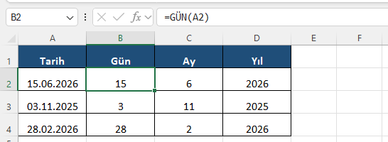 Excel tarih parçalama GÜN AY YIL fonksiyonları Excel formül barında bir tarihten gün ay ve yıl bileşenlerini ayrı ayrı çeken GÜN AY YIL formülleri