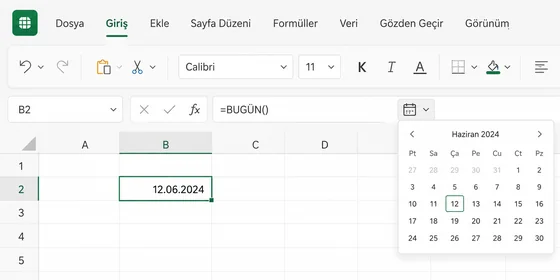 Excel temel tarih fonksiyonları formül ve sonuç tablosu Excel tarih fonksiyonları tablosu BUGÜN YIL AY GÜN HAFTANINGÜNÜ formülleri ve sonuçları yan yana