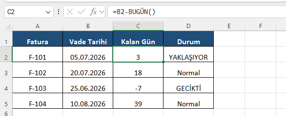 Vade takibi: kalan gün ve otomatik durum Excel'de vade tarihinden bugünü çıkararak kalan günü bulan formül ve GECİKTİ YAKLAŞIYOR Normal durum sütunu