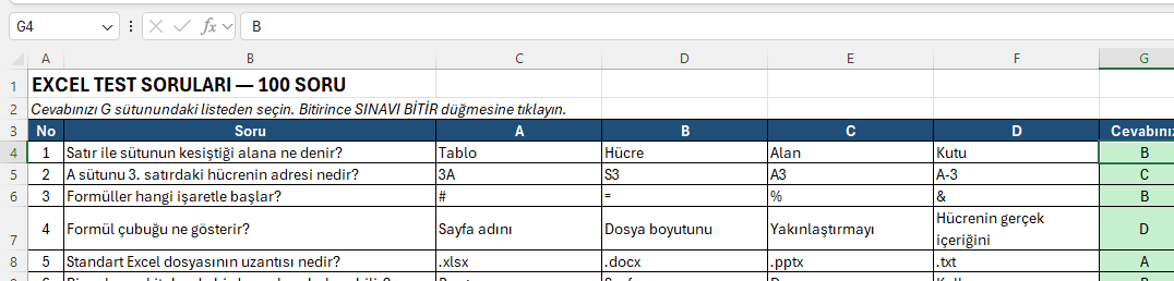 Test ekranı: şık G sütunundaki listeden seçilir Yüz soruluk Excel testinde soru, dört şık ve açılır listeden seçilen cevap sütunu