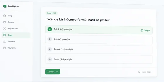 Excel temel seviye test soru kartları yan yana üç soru dört şık ve doğru cevap işareti
