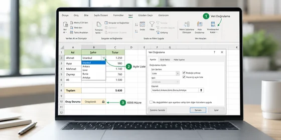 Excel Türkçe arayüzünde Veri Doğrulama açılır listesi ve formül koruma örneği