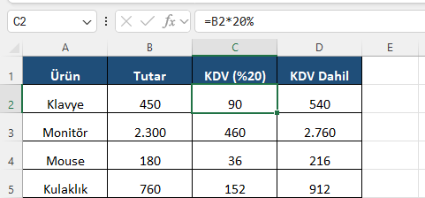 Excel KDV yüzde hesaplama formülü ve sonuçları Excel formül barında tutarın yüzde 20 KDV'sini ve KDV dahil toplamını hesaplayan formül ve sonuç tablosu