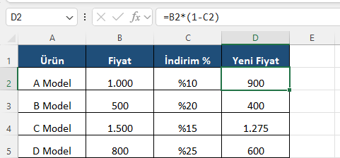 Excel yüzde indirim sonrası fiyat formülü Excel formül barında fiyattan yüzde indirim düşerek yeni fiyatı hesaplayan formül ve indirimli fiyat sonuçları