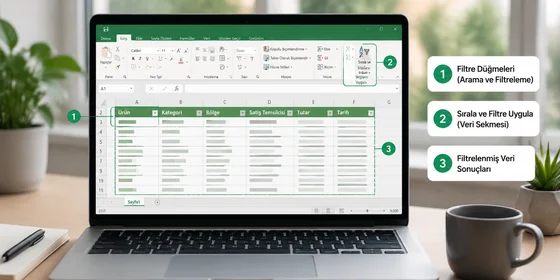 Excel veri tablosunda otomatik filtre uygulanmış başlık oku açılır menü kategori seçimi görünümü