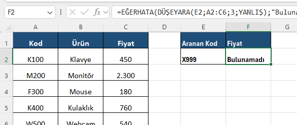 Excel EĞERHATA ile arama hatası yönetimi Excel formül barında olmayan bir kod arandığında hata yerine Bulunamadı yazan EĞERHATA ve DÜŞEYARA formülü