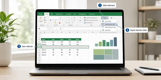 Excel çoklu satır seçimi ve Ekle komutu ile beş satırın birden eklenmesi sağ tık menü