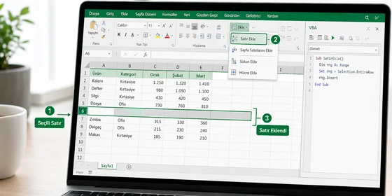 Excel VBA editörü Rows Insert komutunu kullanan kısa makro örnekleri yan yana kod kartları