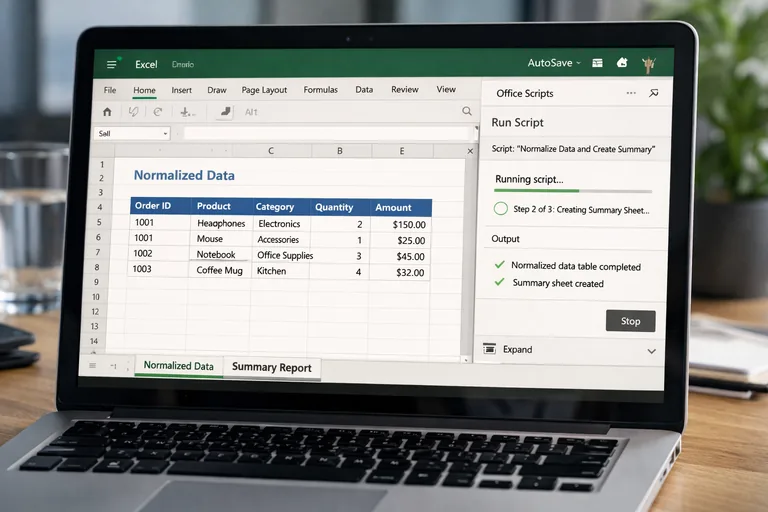 Office Scripts ile Excel dönüşümü ve özetleme akışı Excel Online üzerinde veri tablosunun normalize edilip özet sayfasına aktarılmasıyla oluşan düzenli raporlama yapısı