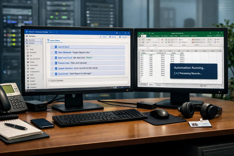 Masaüstü otomasyonu ile eski Excel şablonlarını çalıştırma Masaüstünde çalışan otomasyonun Excel şablonunu açıp adımları sırayla uyguladığı, güvenlik ve erişim kurallarıyla yönetilen yapı