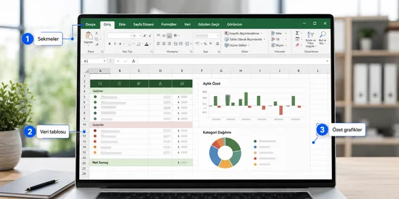 Excel gelir gider tablosu sütun yapısı tarih açıklama kategori tür tutar bakiye altı sütun rolü diyagramı