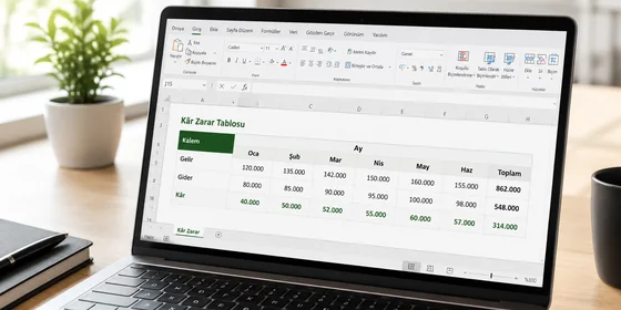 Excel aylık gelir tablosu şablonu on iki ay sütunlu kalemler net satışlar brüt kâr ve net kâr satırları