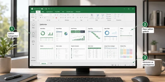 Excel Yeni ekranı Türkçe arama kutusu üst kısımda altında altı şablon önizleme kartı ızgara düzeninde