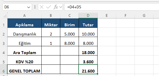 Mini fatura: ara toplam 18.000, KDV 3.600, genel toplam 21.600 Excel'de miktar ve birim fiyattan ara toplam, KDV ve genel toplamı hesaplayan mini fatura