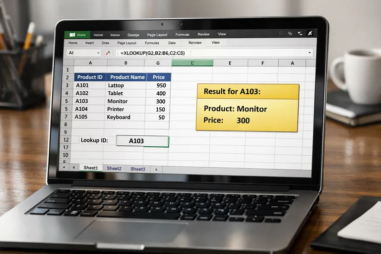 XLOOKUP ve eşleştirme senaryoları ile hızlı arama Ürün kodu üzerinden açıklama ve fiyat alanlarını farklı tablodan çeken arama kurgusunun örnek hücreleri
