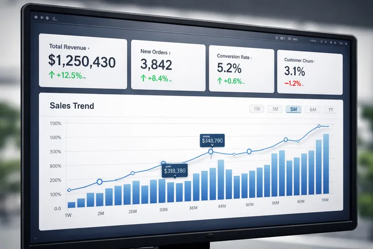 KPI kartlarının tek çizgide hizalandığı, trend grafiği ve kırılım tablolarının dengeli yerleştiği kurumsal rapor ekranı