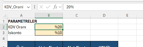 Parametre bloğu: KDV_Orani ve Iskonto isimli hücreler Excel'de KDV oranı ve iskonto değerlerini tutan, ad kutusunda KDV_Orani ismi görünen parametre bloğu