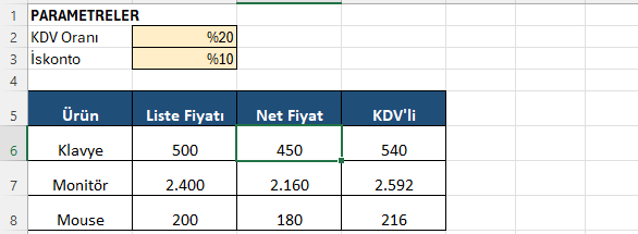 Katmanlı hesap: 500 liste, 450 net, 540 KDV'li Ürün tablosunda liste fiyatından net fiyata, net fiyattan KDV'li tutara ilerleyen katmanlı hesap
