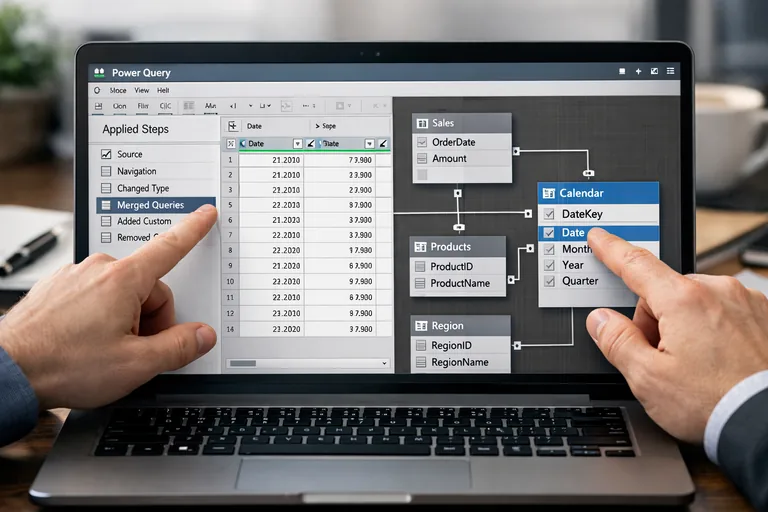Power Query ile KPI veri modeli ve takvim kurgusu Power Query adımlarında birleşen veri kaynakları ve takvim tablosu ile ilişkilendirilmiş bir ölçüm modeli görünümü