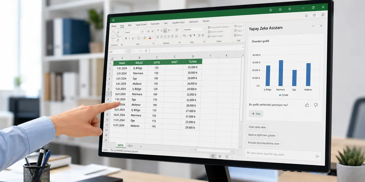 Excel tablosunun yanında yapay zeka panelinde önerilen özet grafiği inceleyen çalışan eli