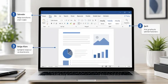 Microsoft Word arayüzü etiketli ekran, şerit hızlı erişim belge alanı ve durum çubuğu bileşenleri
