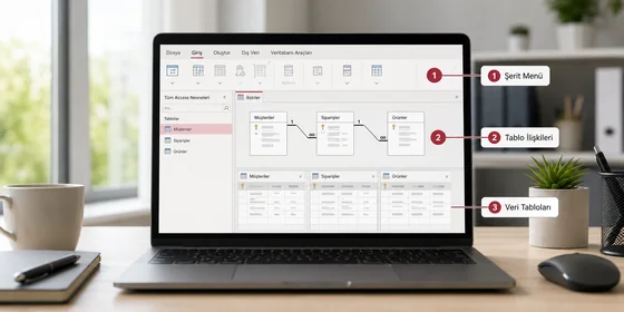 MS Access ilişkiler penceresi tablo bağlantısı MS Access ilişkiler penceresinde Müşteriler ve Siparişler tablolarının bir çoğa ilişki bağlantısı