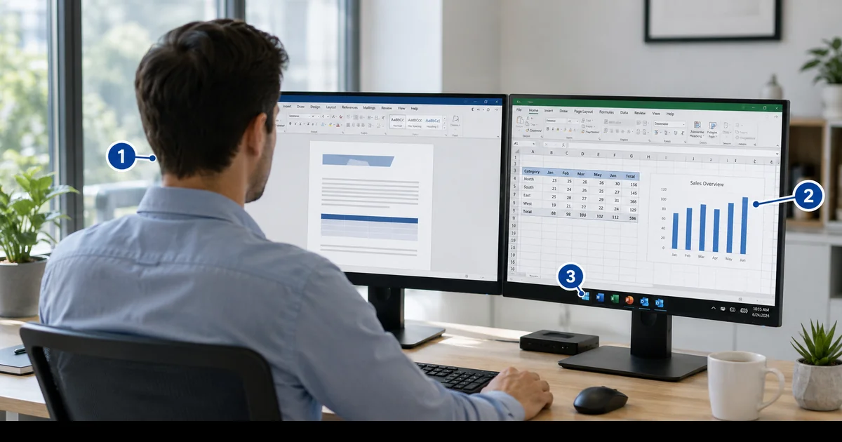 Aynı belgede Word raporu Excel grafiği ve PowerPoint sunumunun bir arada kullanıldığı çalışma görünümü