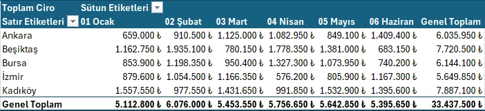 Üç sürüklemenin sonucu: şube ve ay kırılımında toplam ciro Bitmiş Excel pivot tablosu: satırlarda şubeler, sütunlarda aylar, değerlerde aylık toplam ciro ve genel toplam