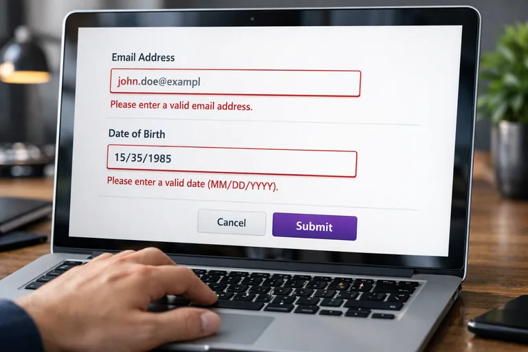 E-posta ve tarih alanlarında anlık uyarı üreten doğrulama mesajlarının tasarım örneği