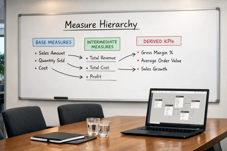 Base measures and derived KPI hierarchy Ölçü hiyerarşisiyle temel metriklerden türetilen kâr ve marj yapısı şeması