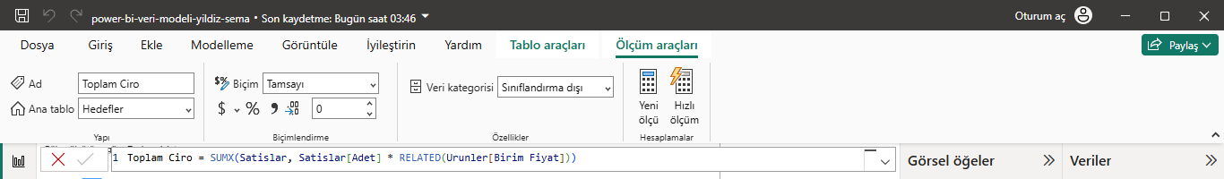 Power BI formül çubuğunda SUMX ve RELATED içeren Toplam Ciro ölçüsü, üstte ad ve biçim alanları