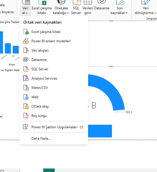 Veri al menüsünde Excel çalışma kitabı Power BI Veri al menüsü: Excel çalışma kitabı ilk sırada, altında SQL Server, Metin CSV ve diğer kaynaklar
