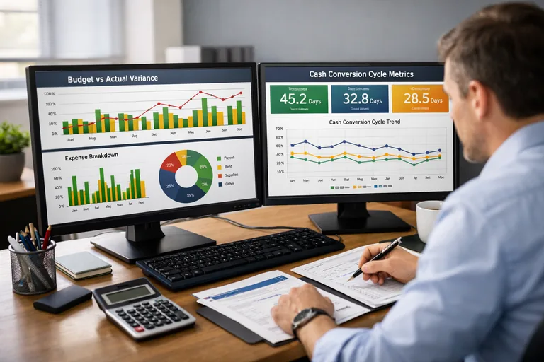 Finans KPI'larında sapma yönetimi Bütçe sapması ve nakit döngüsü göstergelerini aynı ekranda toplayan finans kontrol paneli düzeni