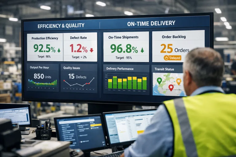 Operasyon KPI'larında verimlilik görünümü Operasyon verimliliği, kalite ve zamanında teslimat metriklerini yan yana kıyaslayan karar ekranı