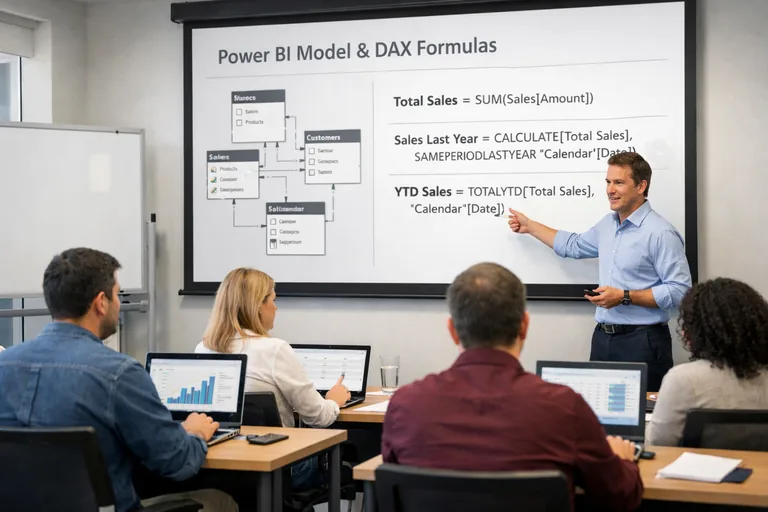 Ekip yetkinliği ve eğitimle geçişi hızlandırma Power BI eğitiminde veri modelleme ve DAX örnekleri üzerinde çalışan katılımcılar, ekranlarda rapor sayfaları